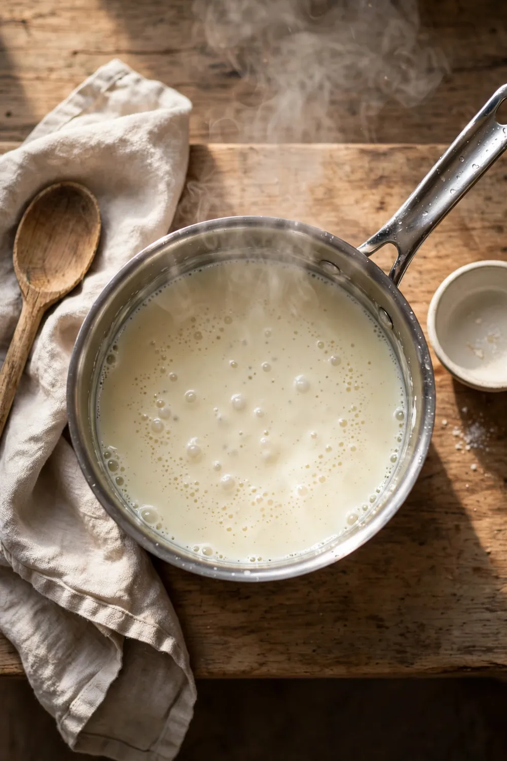 Cream sauce simmering gently in a saucepan