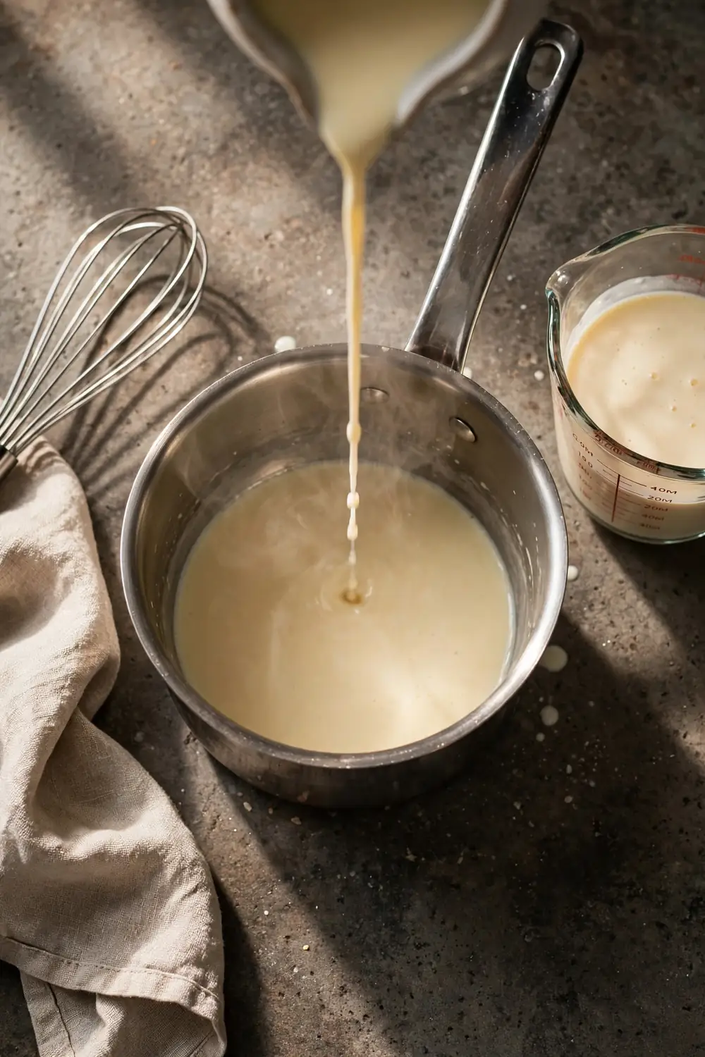 Warm cream poured into a saucepan
