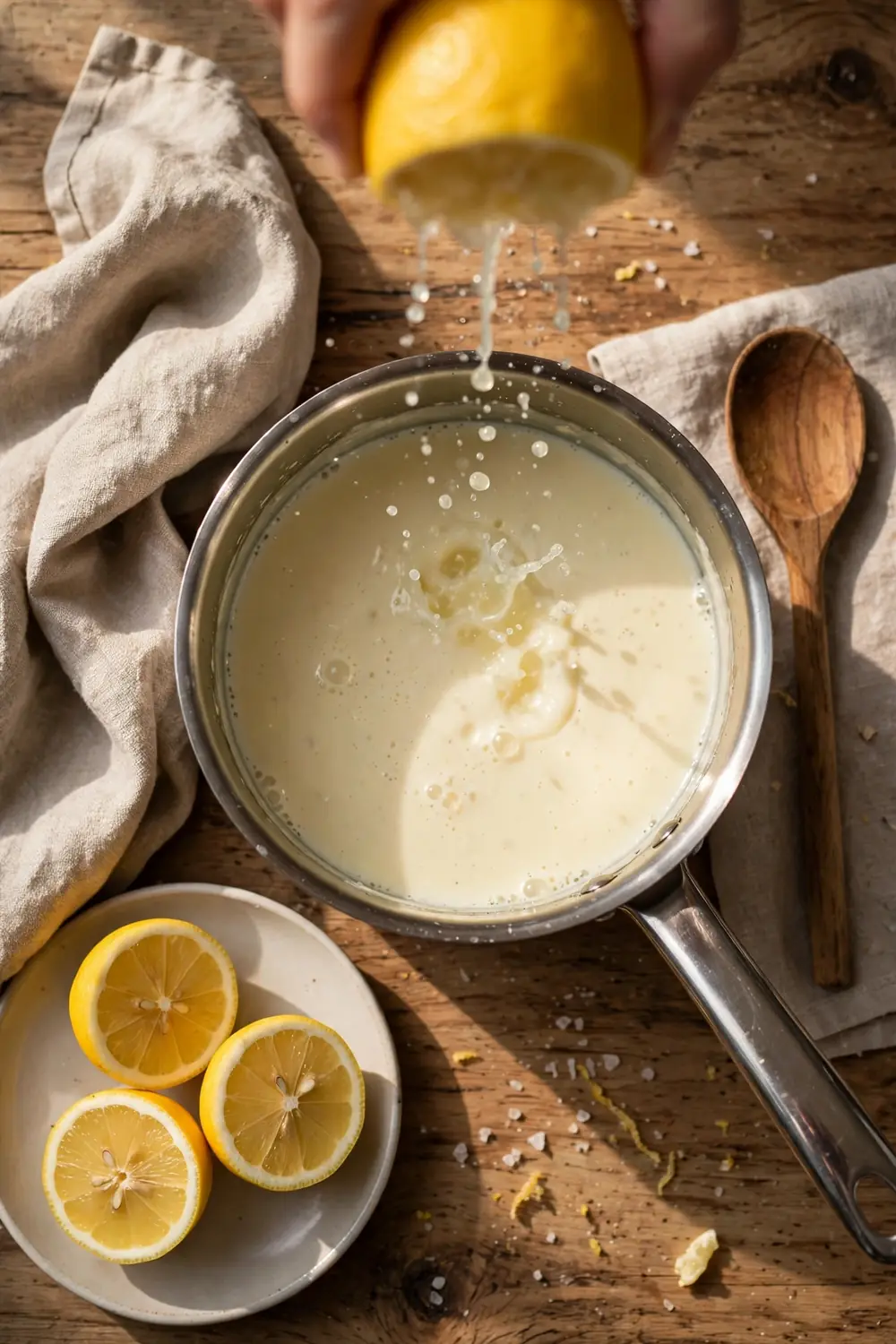 Lemon juice squeezed over cream sauce