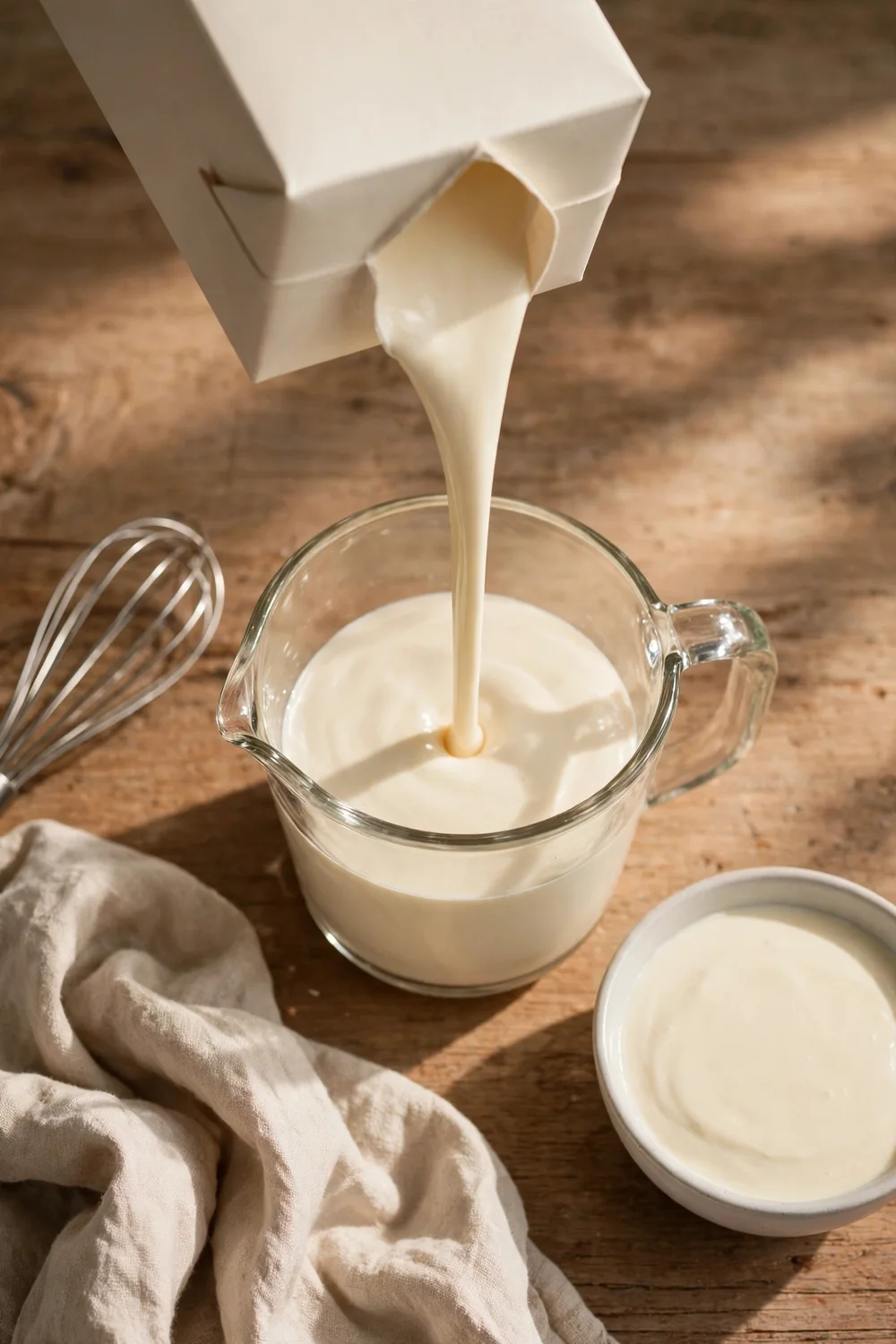 Heavy cream poured into a measuring cup