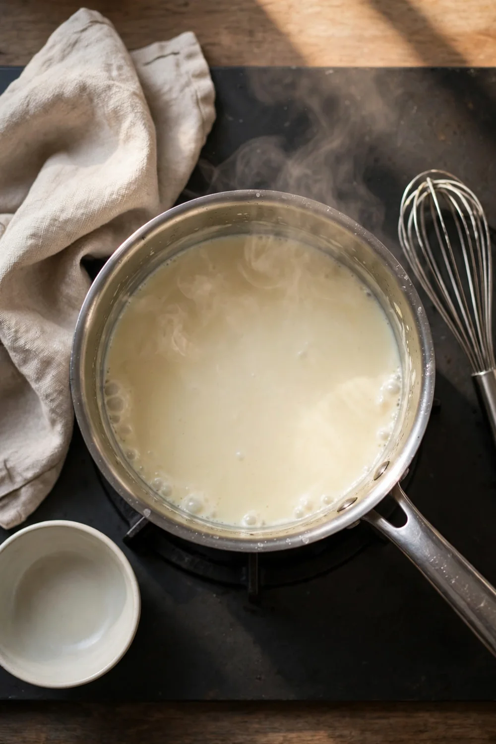 Cream sauce reheated gently in a saucepan
