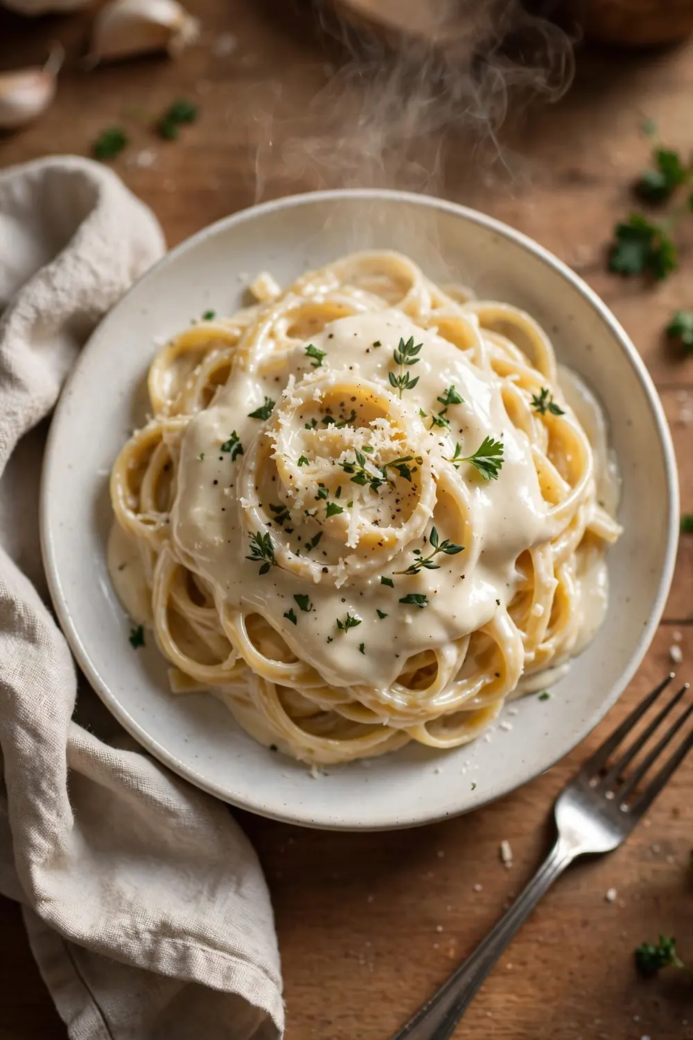 Perfect cream sauce spooned over pasta