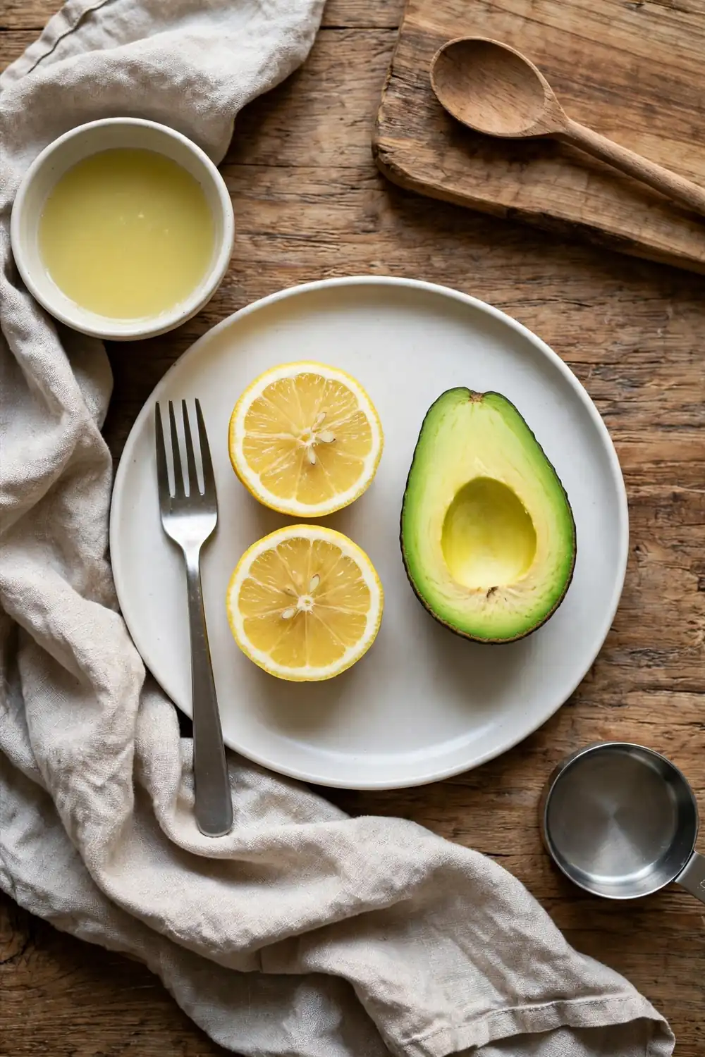 Lemon juice beside a halved avocado keeping it green
Lemon juice slows browning, and the acid keeps the flesh bright green. A light squeeze over the cut surface works fast, and the avocado stays fresh. Lemon juice is the easiest fix, and it works every single time you use it.