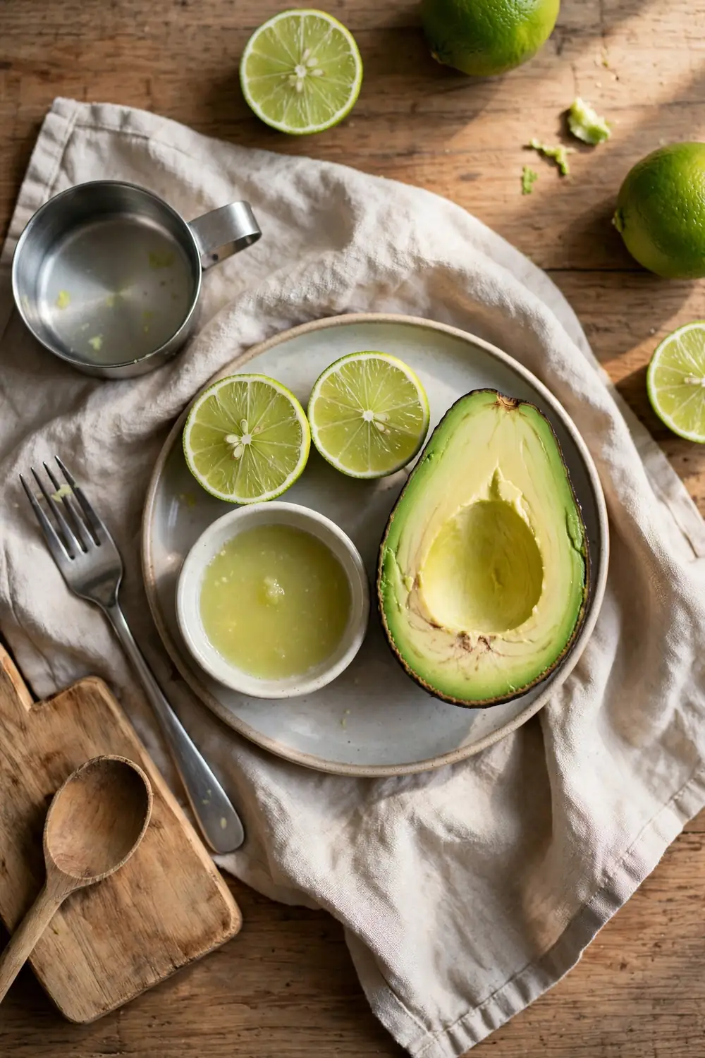 Lime juice beside a halved avocado keeping it fresh
Lime juice works like lemon juice, and the acid slows the browning fast. A light squeeze over the cut surface keeps the flesh green, and the avocado stays fresh. Lime juice adds a mild tang, and the flavor fits avocado well.