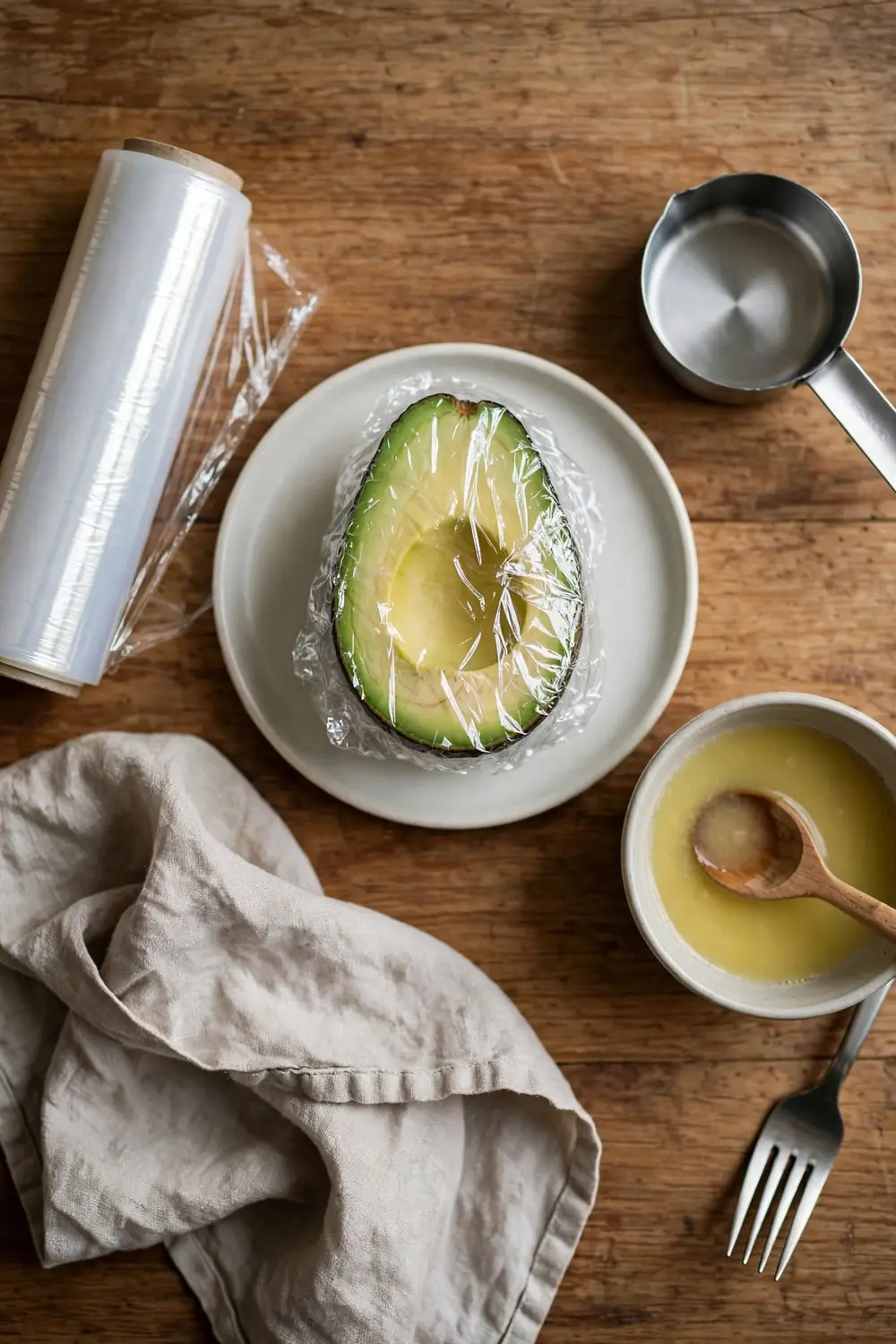 Halved avocado wrapped tightly in plastic wrap
Plastic wrap blocks air from the cut surface, and the flesh stays green. Press the wrap right against the flesh, and leave no air pockets. Tight wrapping is a simple fix, and it works every single time you use it.