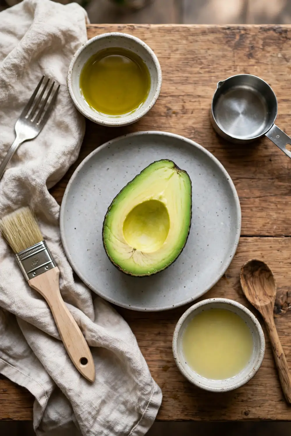 Olive oil beside a halved avocado keeping it green
Olive oil coats the cut surface, and the thin layer blocks air from the flesh. A light brush over the surface keeps the avocado green, and the flesh stays fresh. Olive oil adds a mild flavor, and the avocado stays bright.