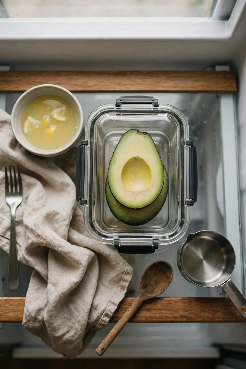 Halved avocado stored in a sealed container in the fridge
Cold storage slows browning, and the fridge keeps the avocado fresh longer. Store the avocado cut side down, and seal the container well. Cold air slows the reaction, and the flesh stays green.