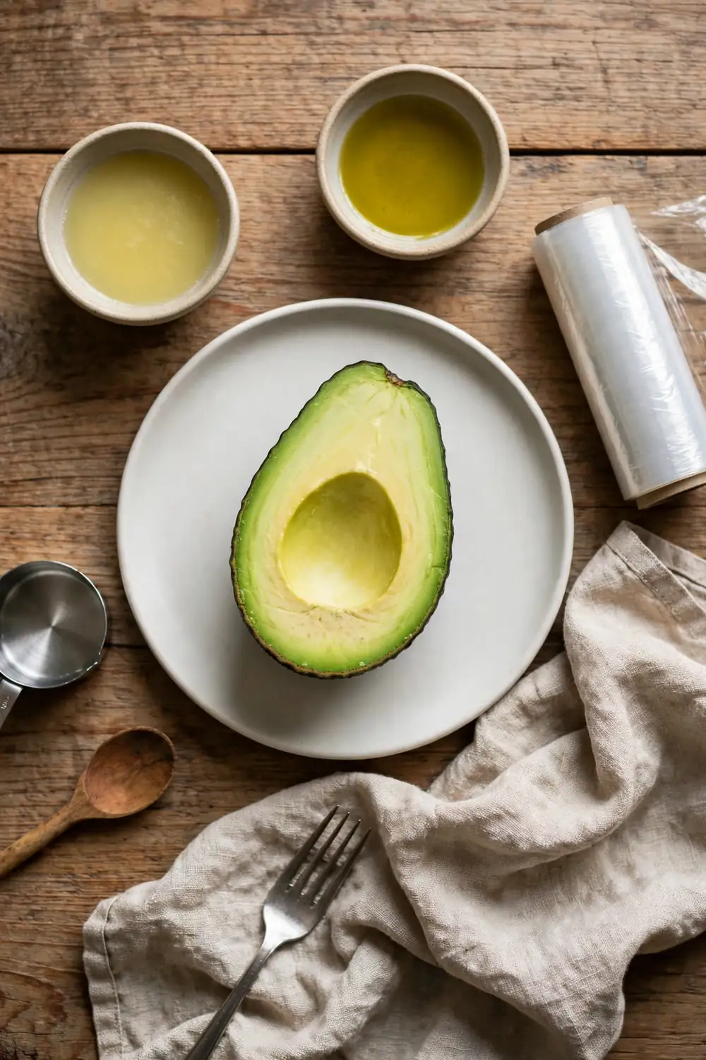 Avocado with lemon juice, olive oil, and plastic wrap for choosing a method
The best method depends on how soon you serve the avocado. Lemon juice works fast for same-day serving, and tight wrapping helps overnight storage. Pick the method that fits your plan, and the avocado stays green.