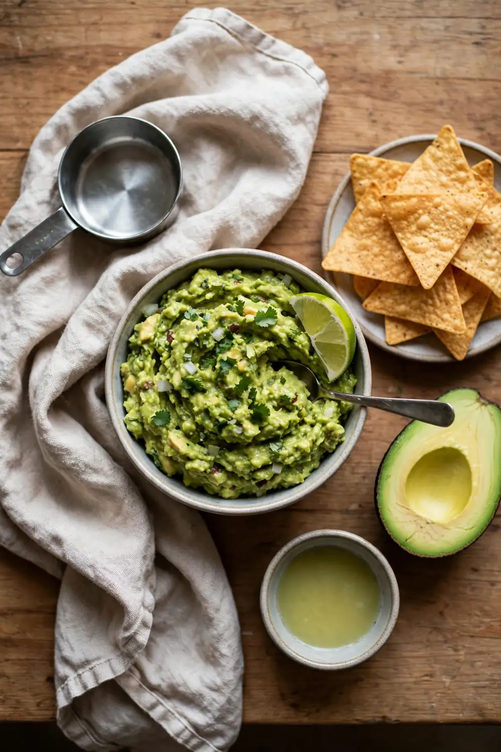 Fresh green guacamole in a bowl with lime and chips
Guacamole turns brown fast, and the top layer changes color first. Lemon or lime juice mixed through the dip slows the change, and the guacamole stays green. A thin layer of plastic wrap pressed on the surface blocks air.