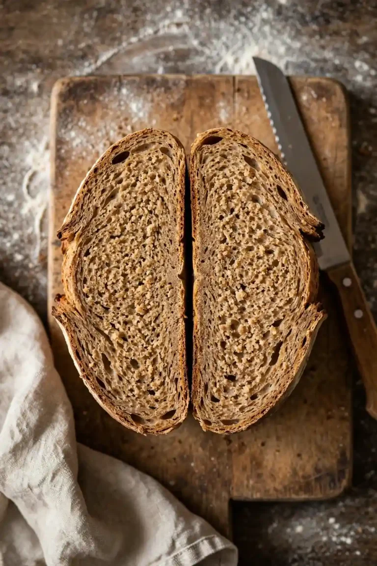 Dense homemade bread loaf sliced open on a cutting board