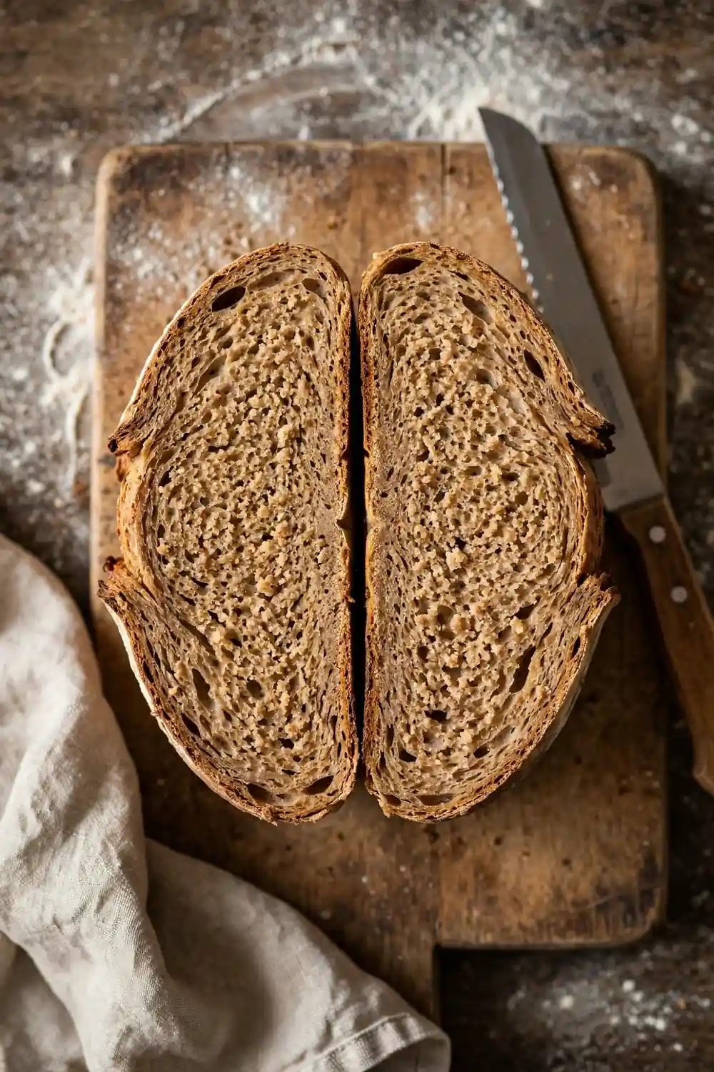 Dense homemade bread loaf sliced open on a cutting board