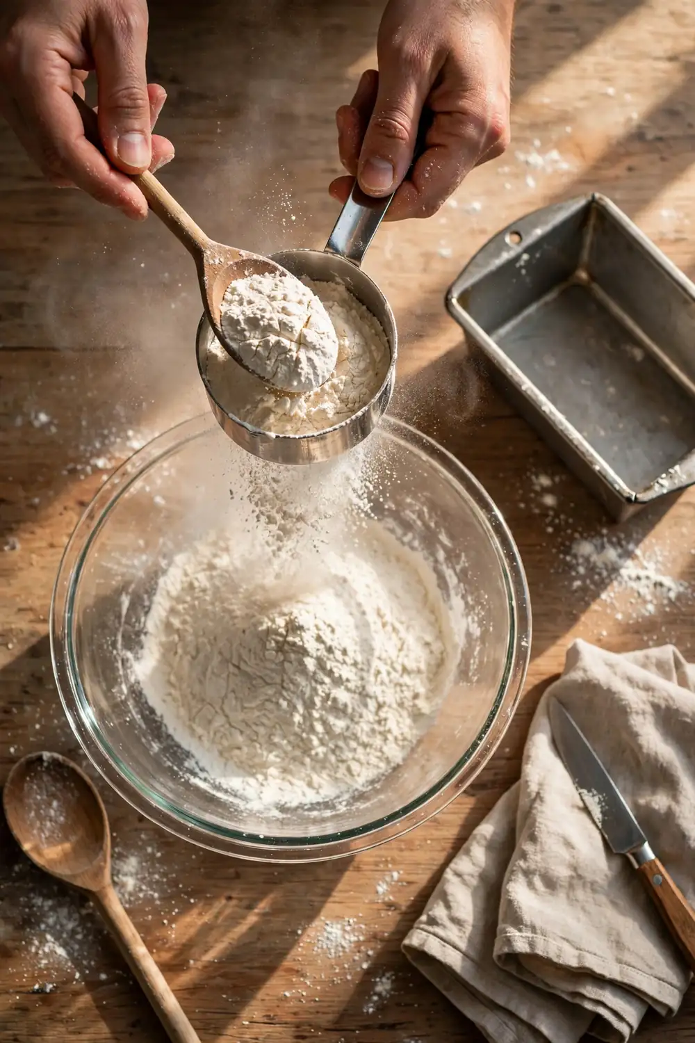 Hands spooning flour into a measuring cup