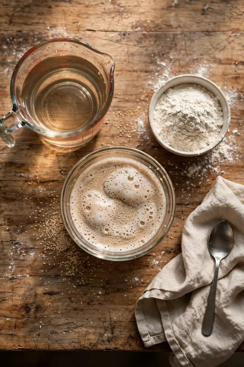 Active dry yeast foaming in a small glass bowl