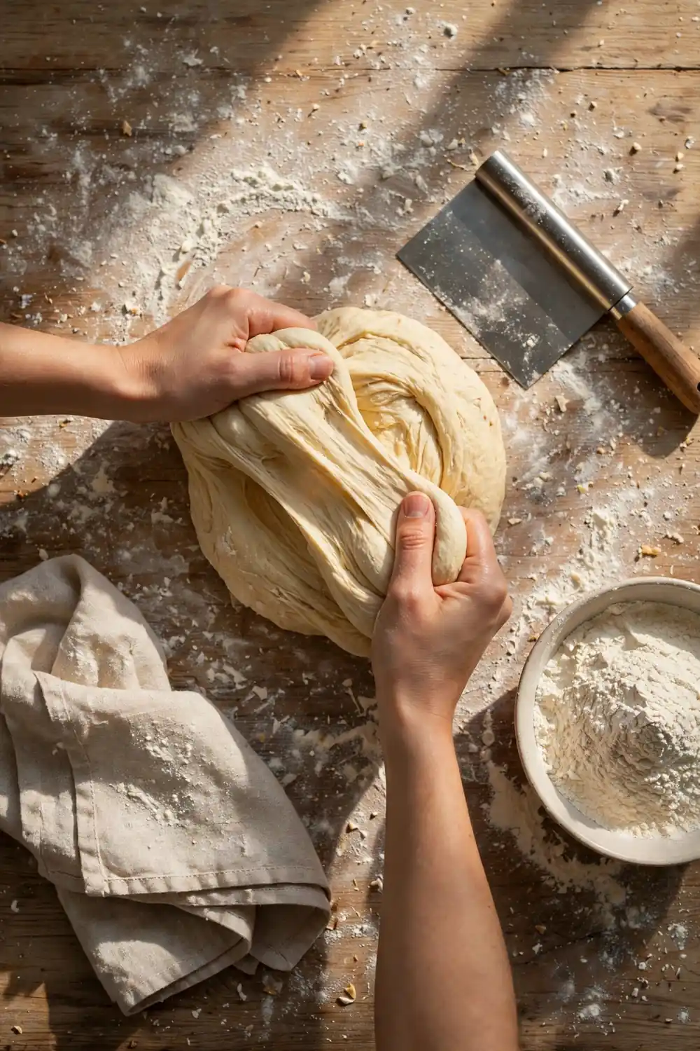 Hands kneading soft bread dough on a counter