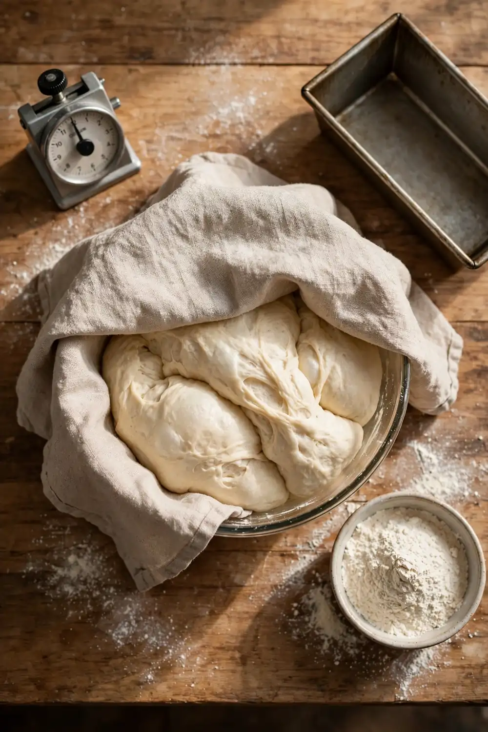 Bread dough rising in a bowl under a towel