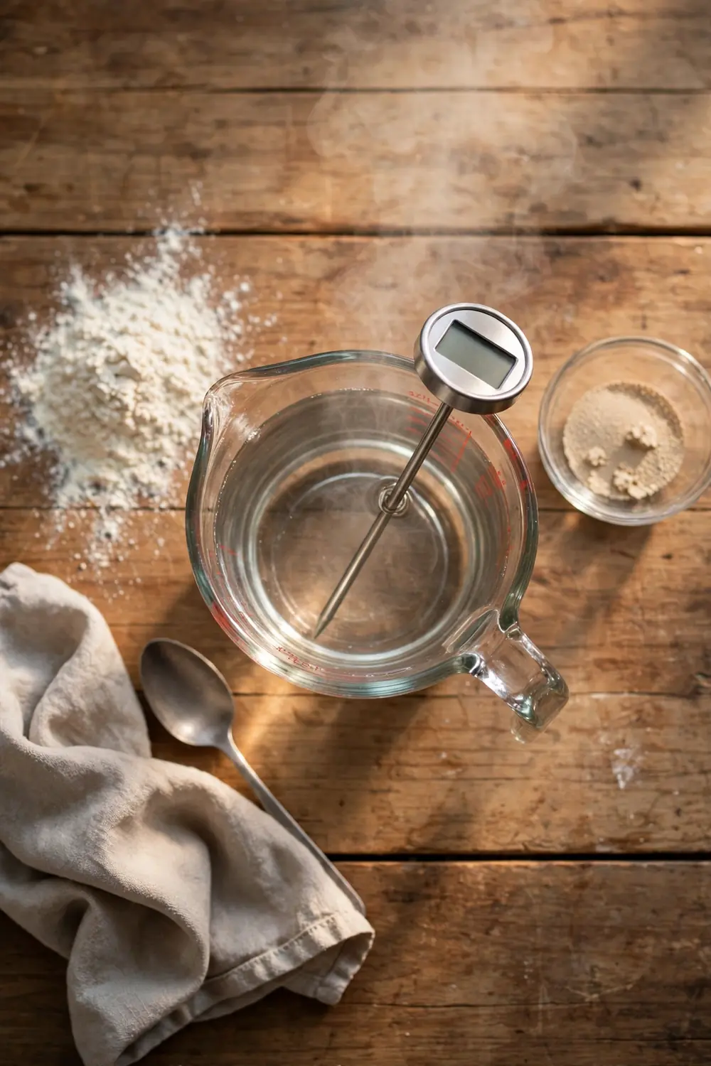 Thermometer in a measuring cup of warm water