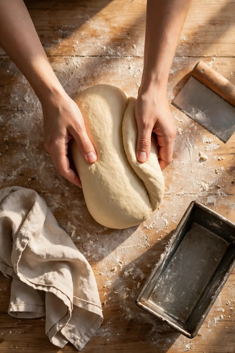 Hands shaping bread dough into a loaf