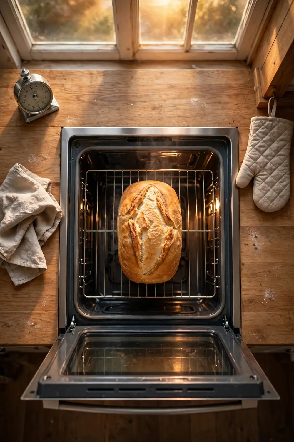Bread loaf baking in an oven