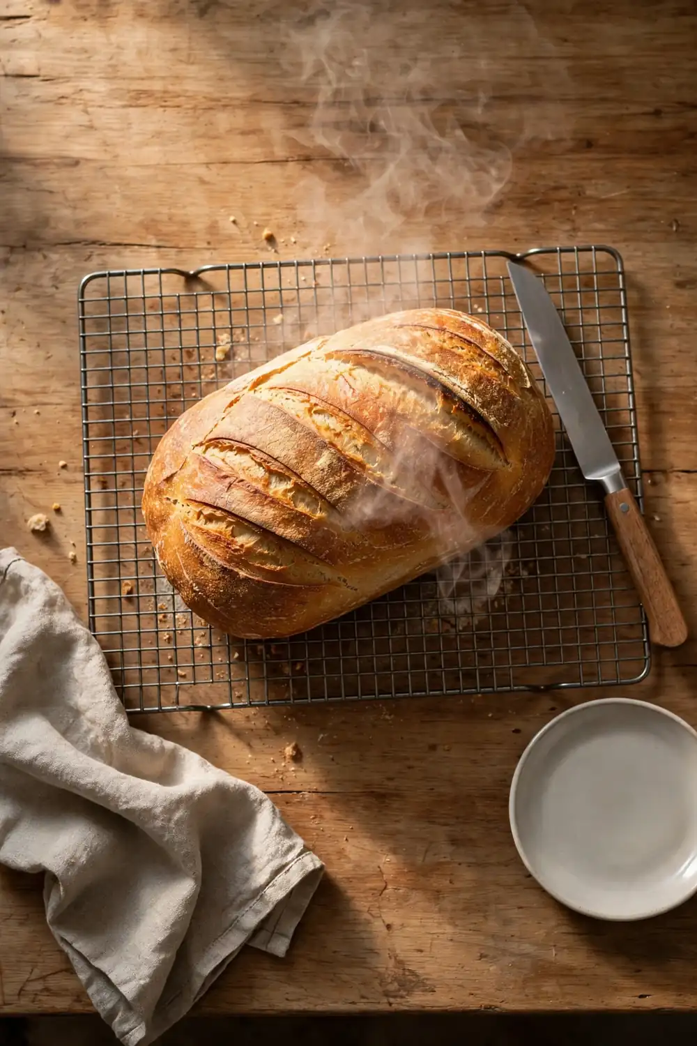 Fresh bread loaf cooling on a wire rack