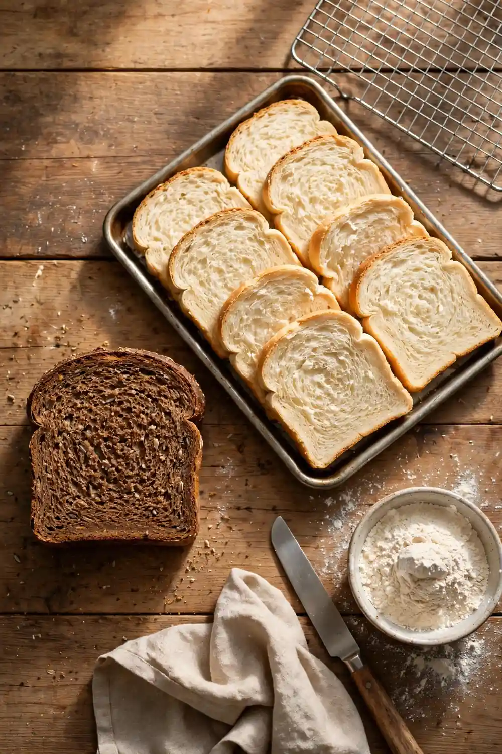 Heavy bread slice beside light fluffy bread slices