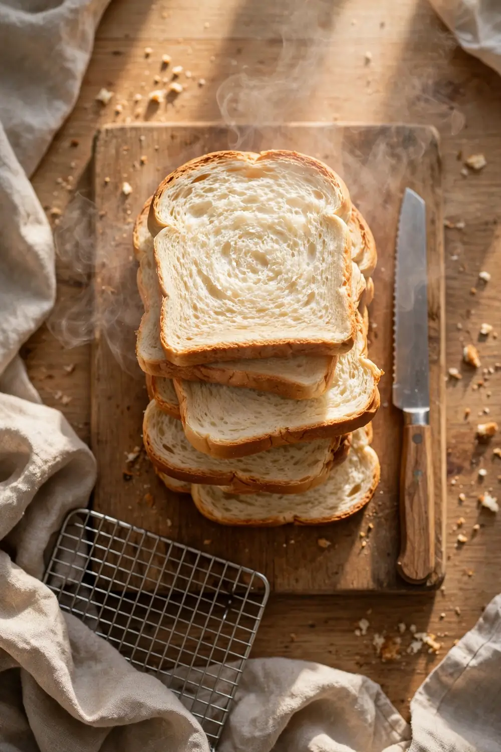 Light fluffy bread slices stacked on a board