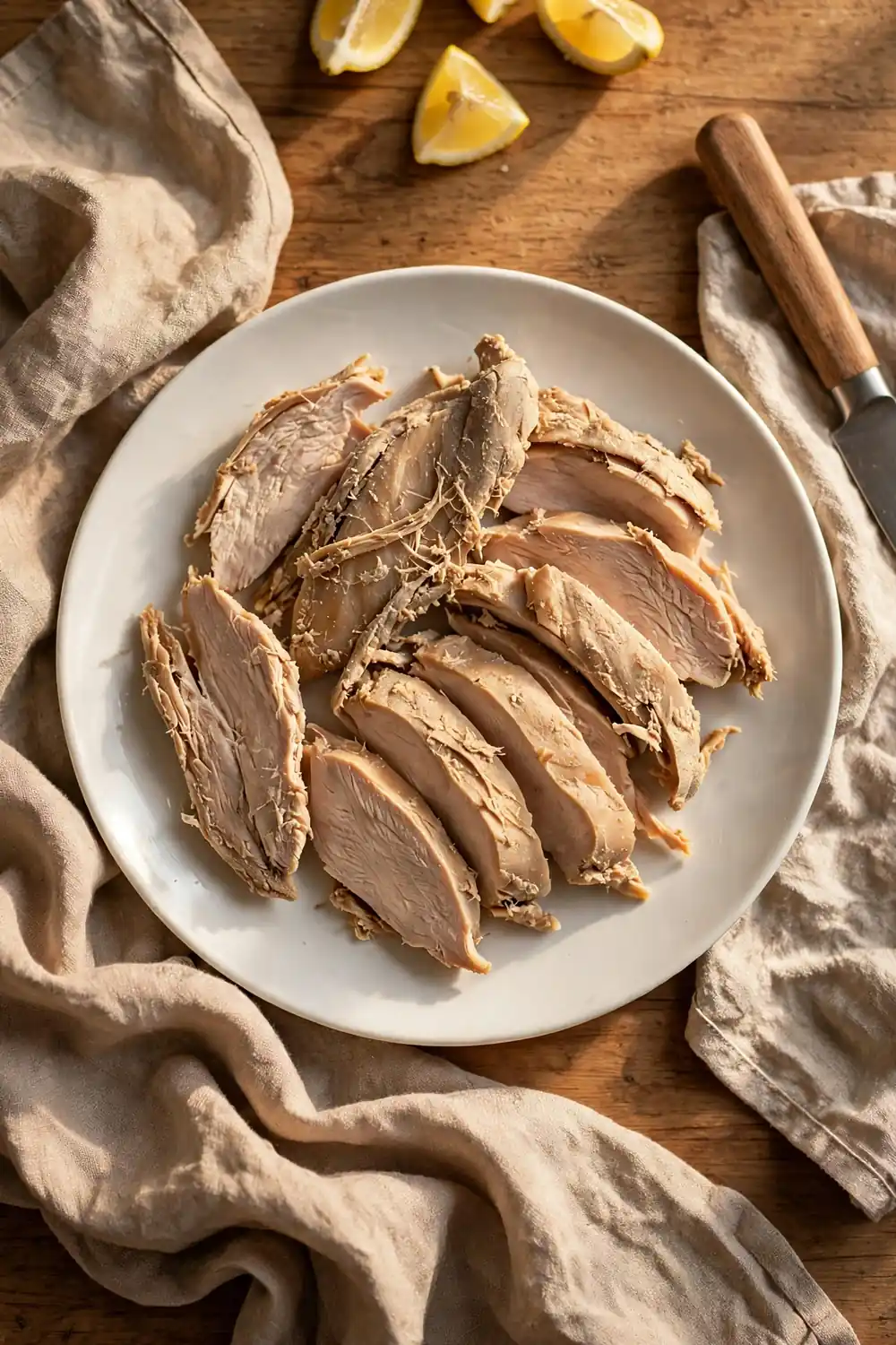 Dry sliced chicken breast on a white plate