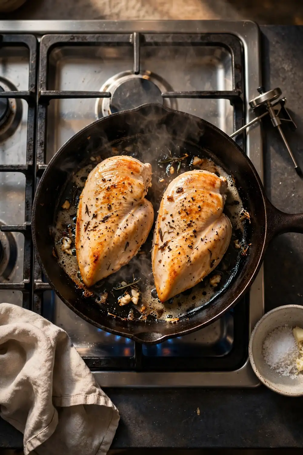 Chicken breast cooking in a skillet