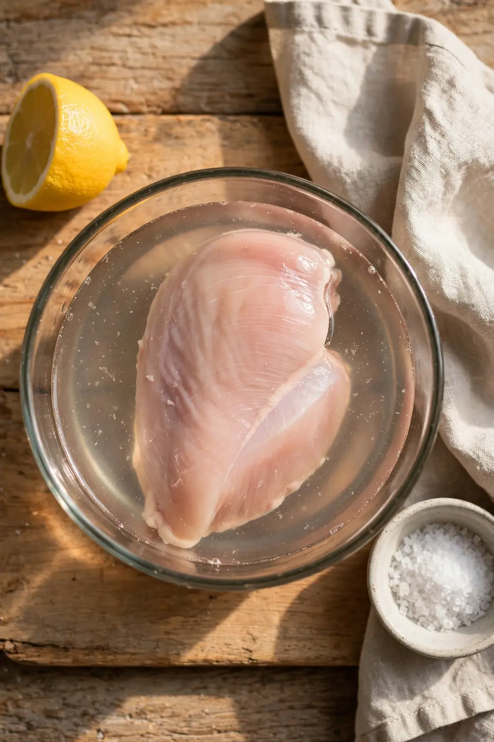 Raw chicken breast soaking in brine