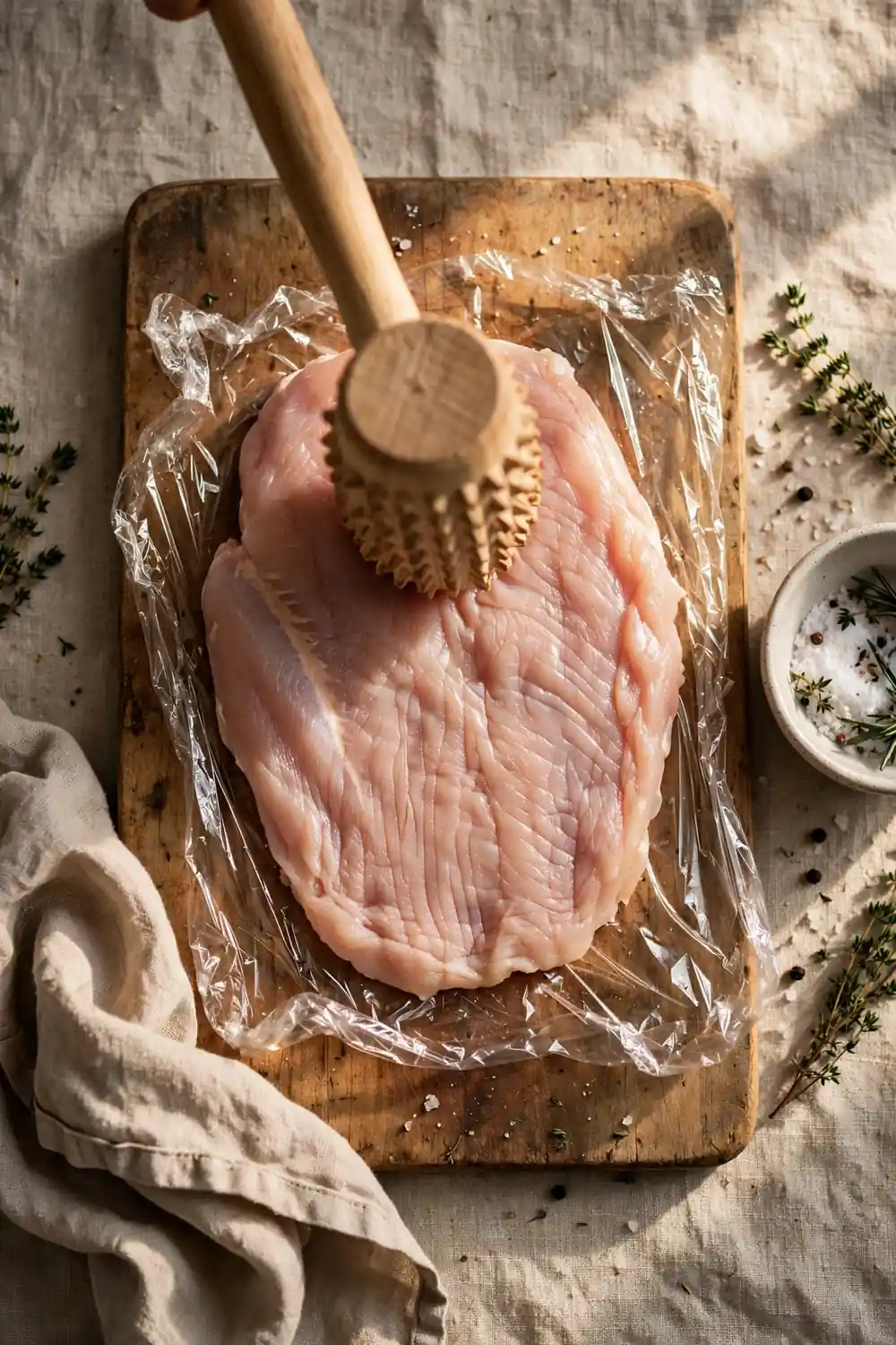 Meat mallet pounding a chicken breast flat