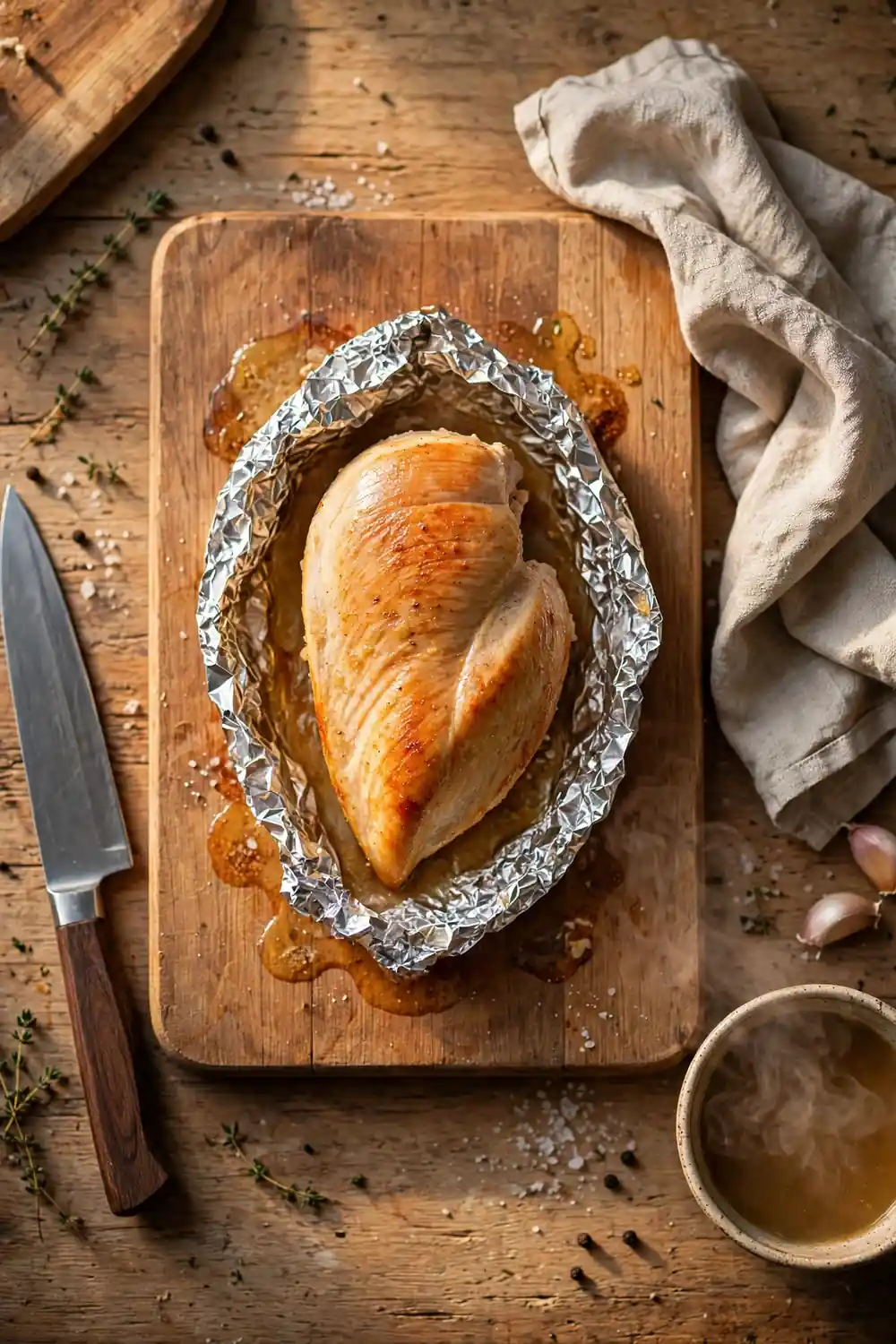 Cooked chicken breast resting under foil
