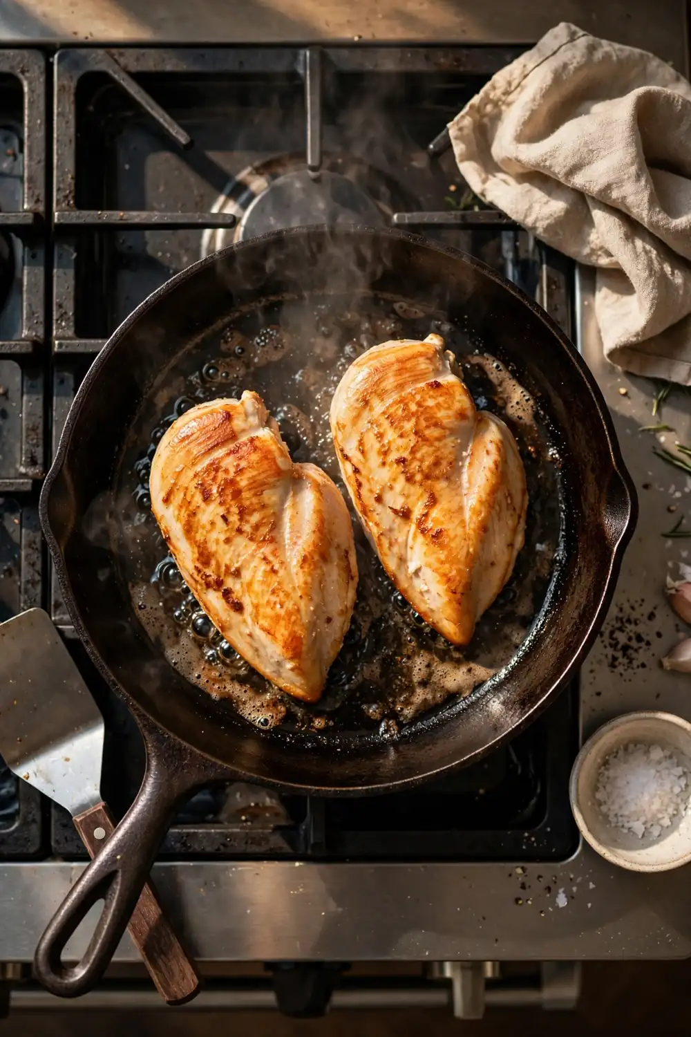 Chicken breast searing in a hot skillet