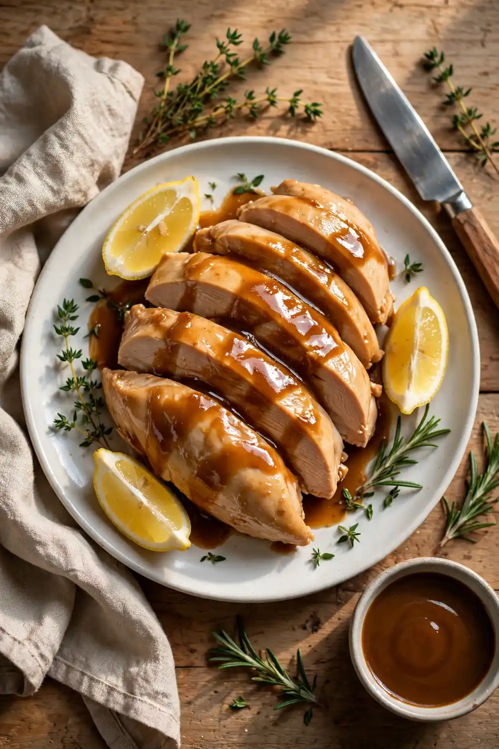 Sliced juicy chicken breast on a plate