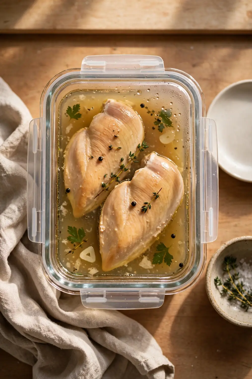 Cooked chicken breast stored in a container