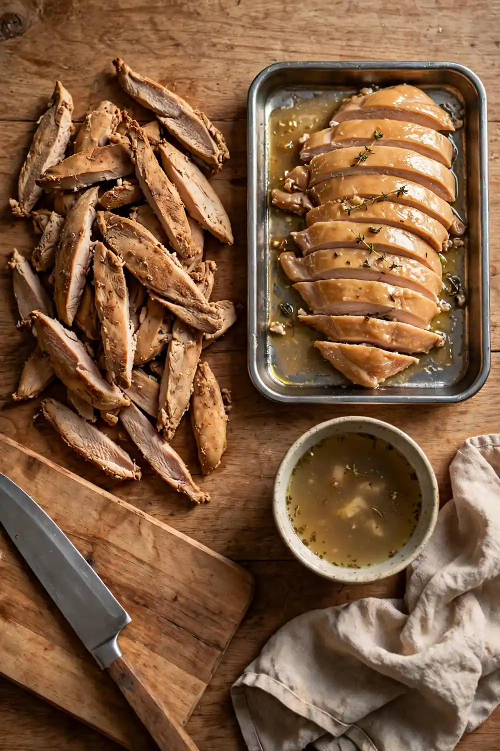 Tough chicken breast slices beside juicy slices