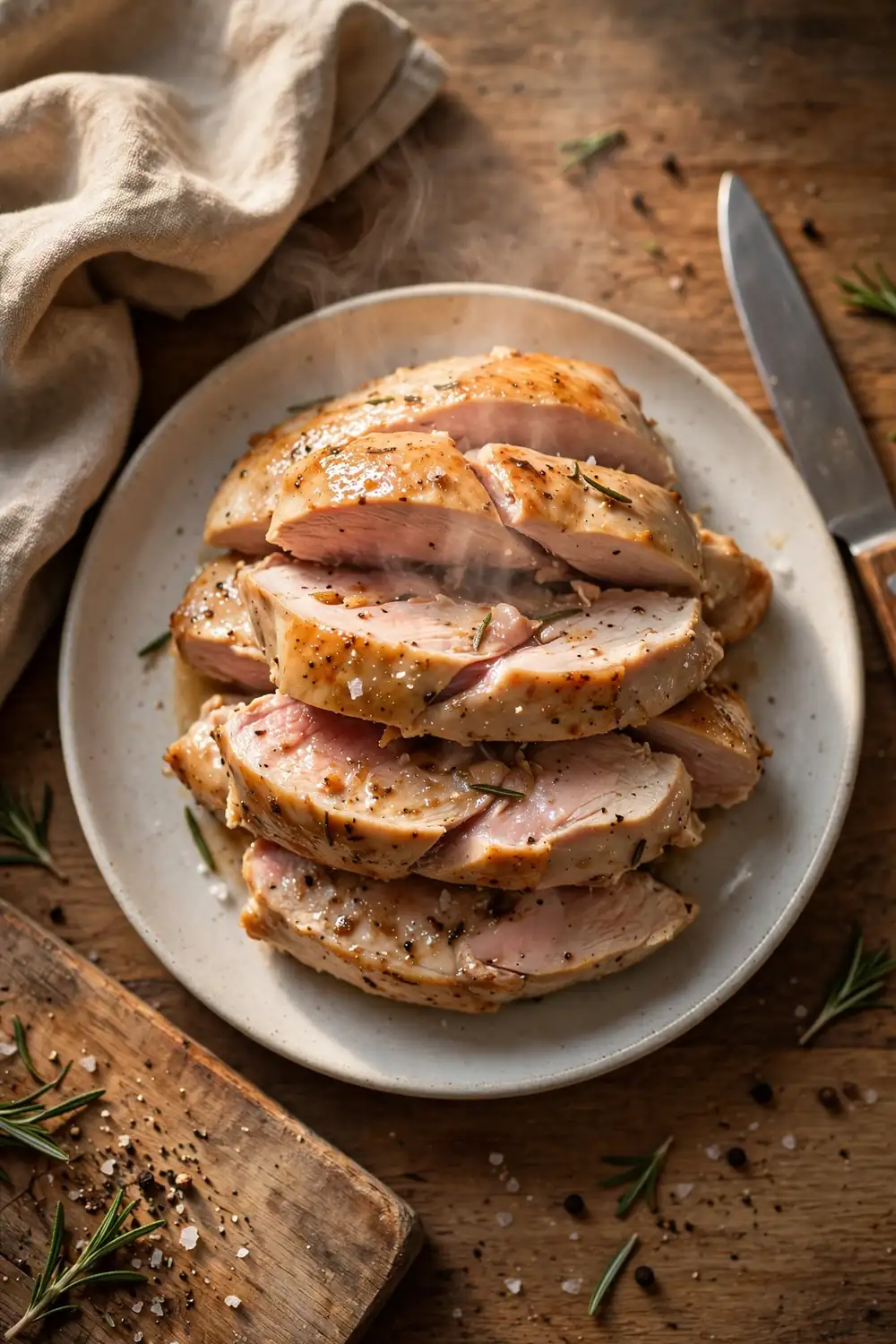 Juicy chicken breast slices stacked on a plate