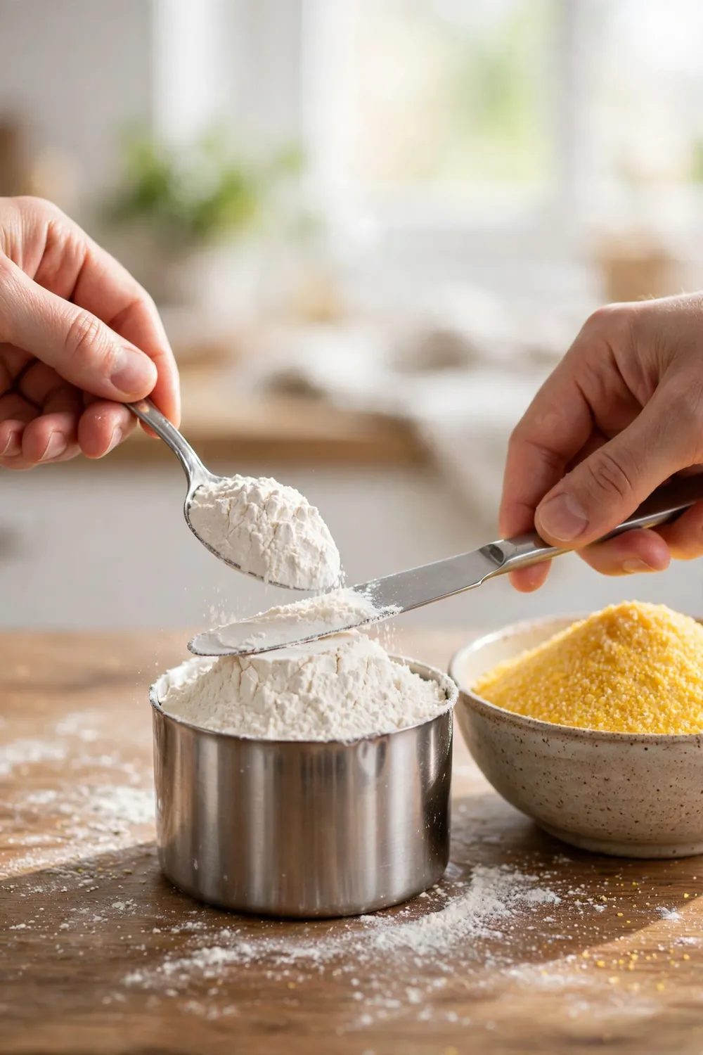 Hands spooning flour into a measuring cup on a kitchen counter