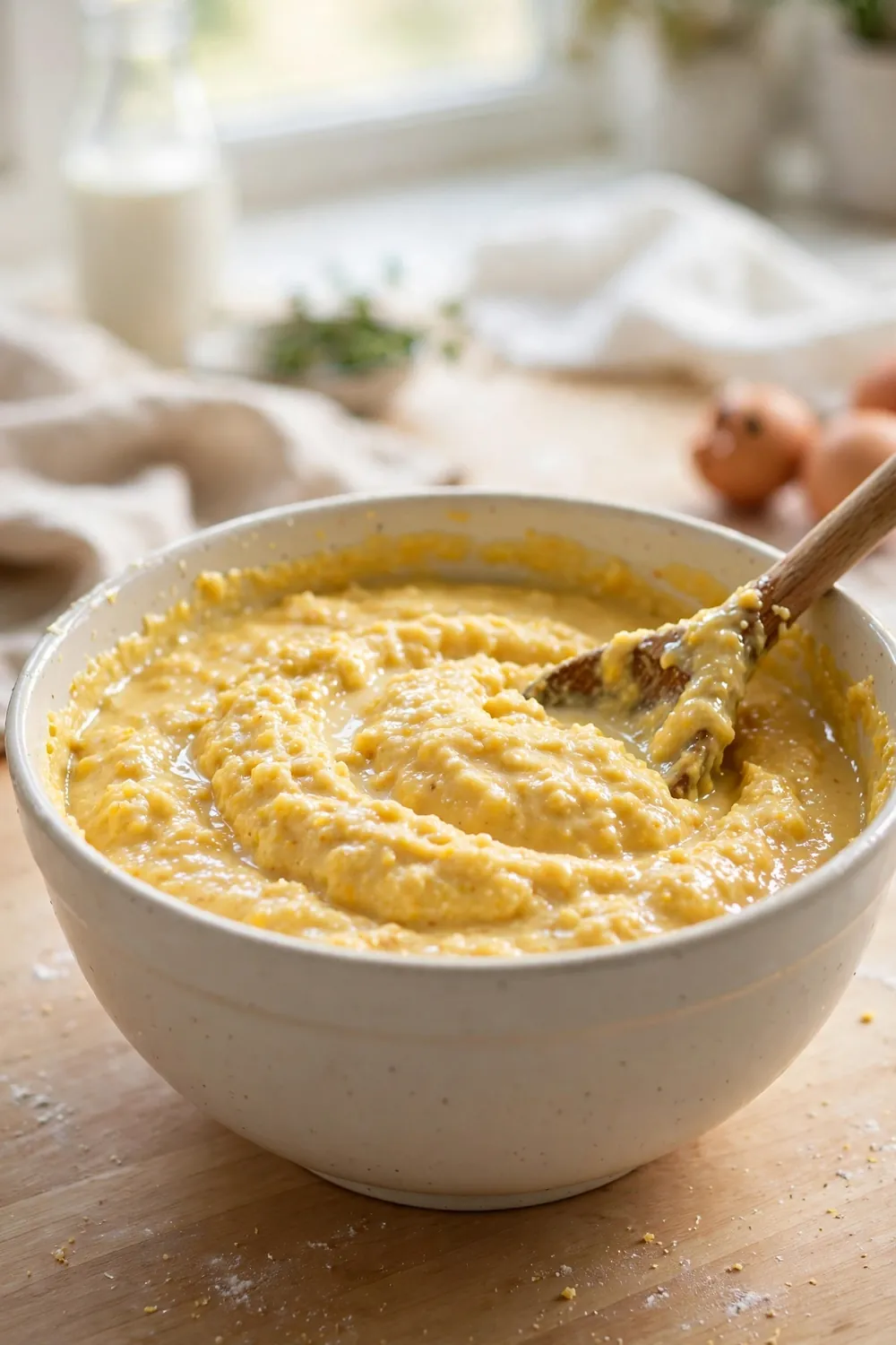 Buttermilk being poured into cornbread batter in a mixing bowl