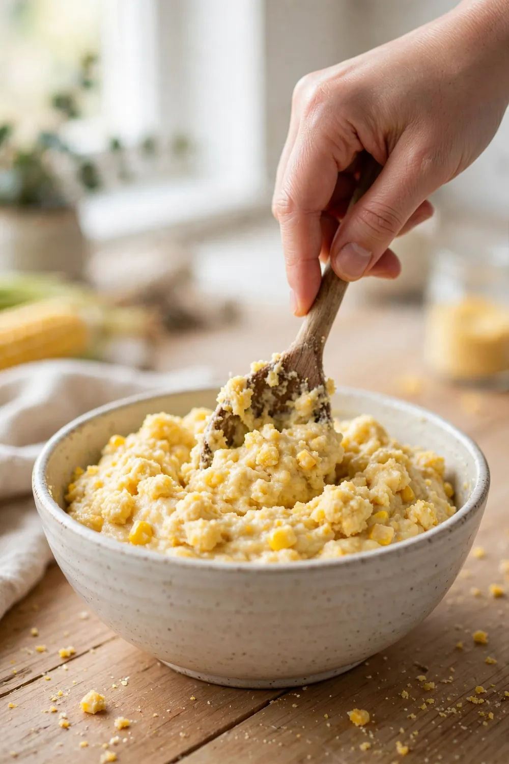 Spatula gently folding cornbread batter with a few lumps remaining