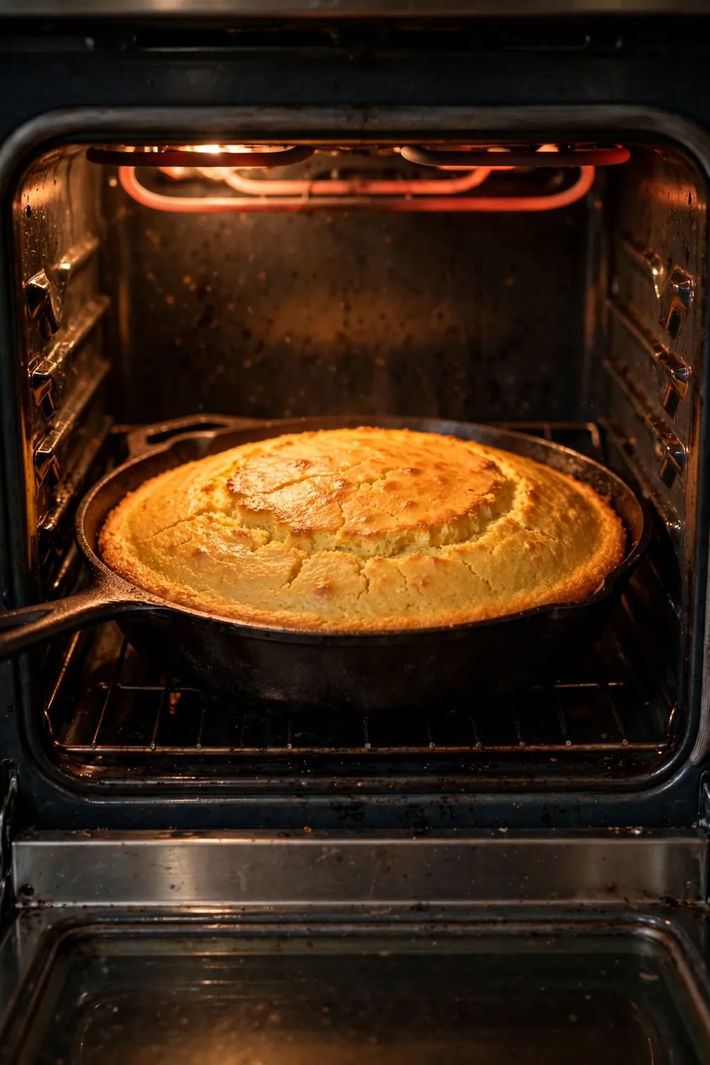 Cornbread baking in a cast iron skillet inside an oven