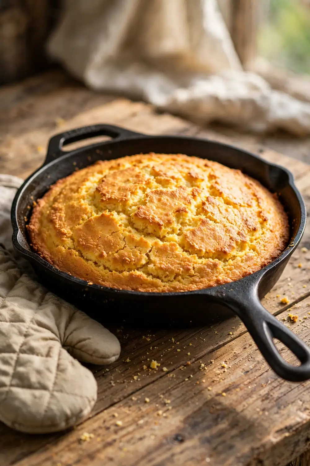 Cast iron skillet with golden cornbread ready for the oven
