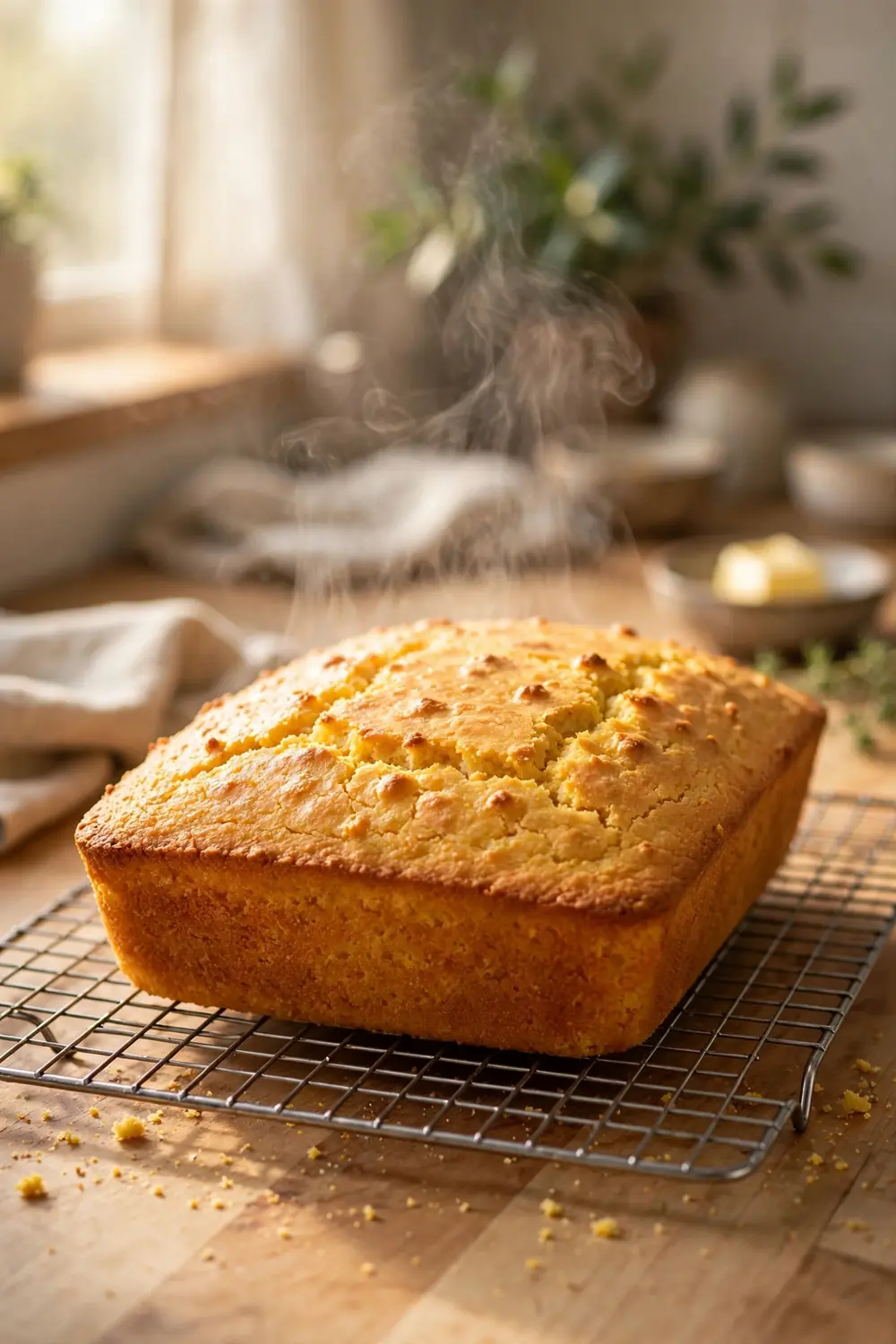 Cornbread resting in a pan on a wire cooling rack