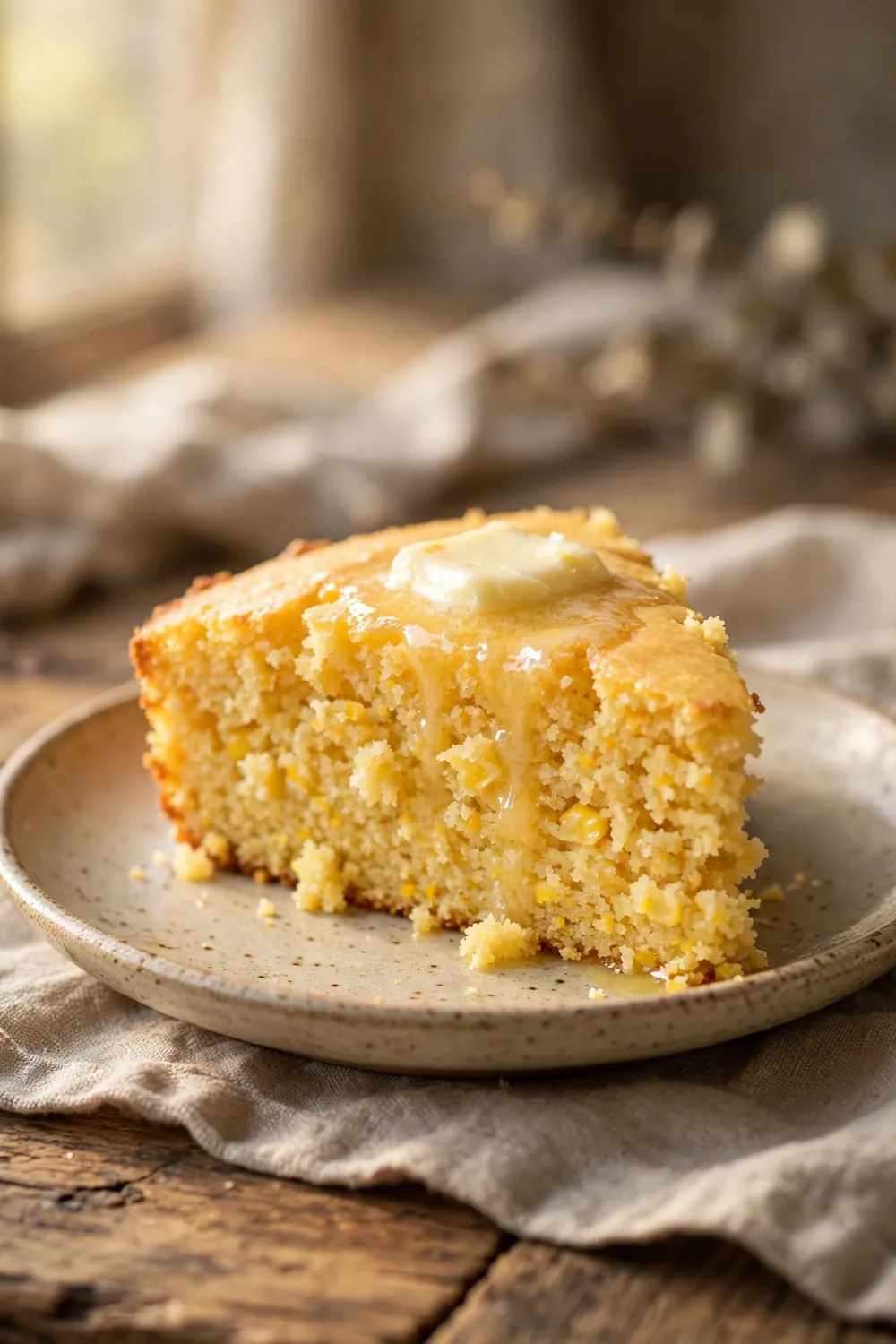 Golden moist cornbread slice served on a plate with butter