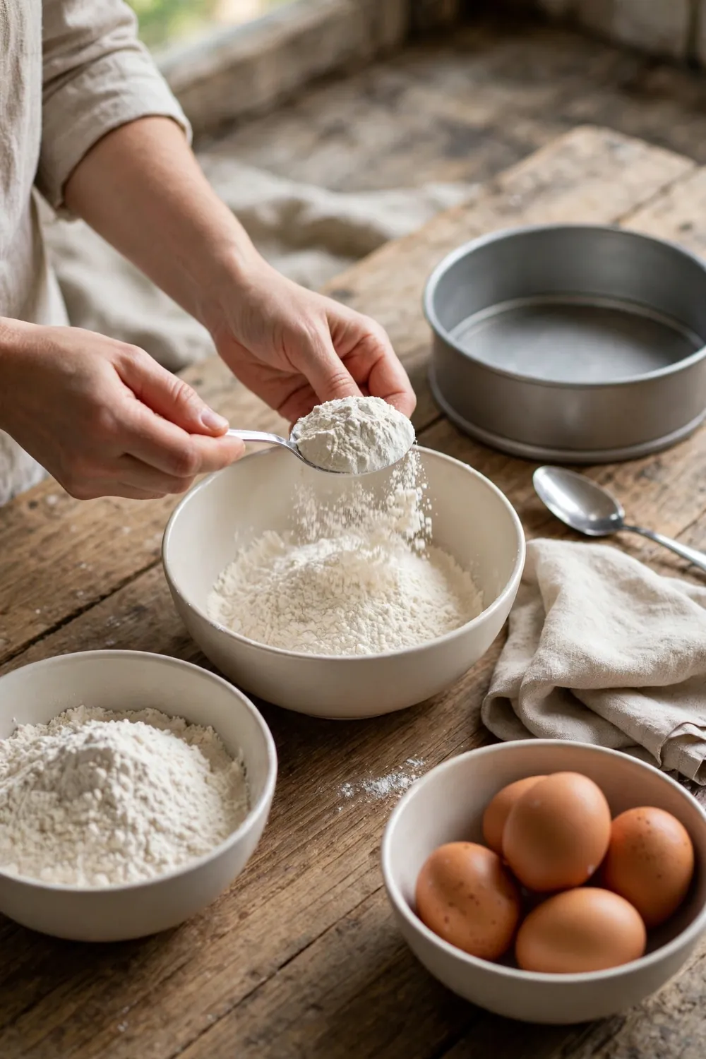 Spooning flour into a plain bowl