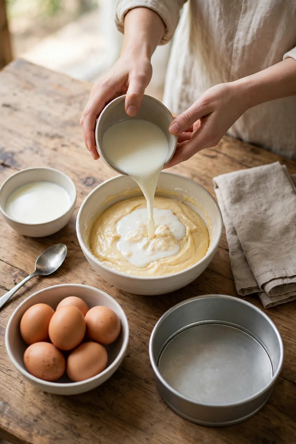Pouring milk into cake batter