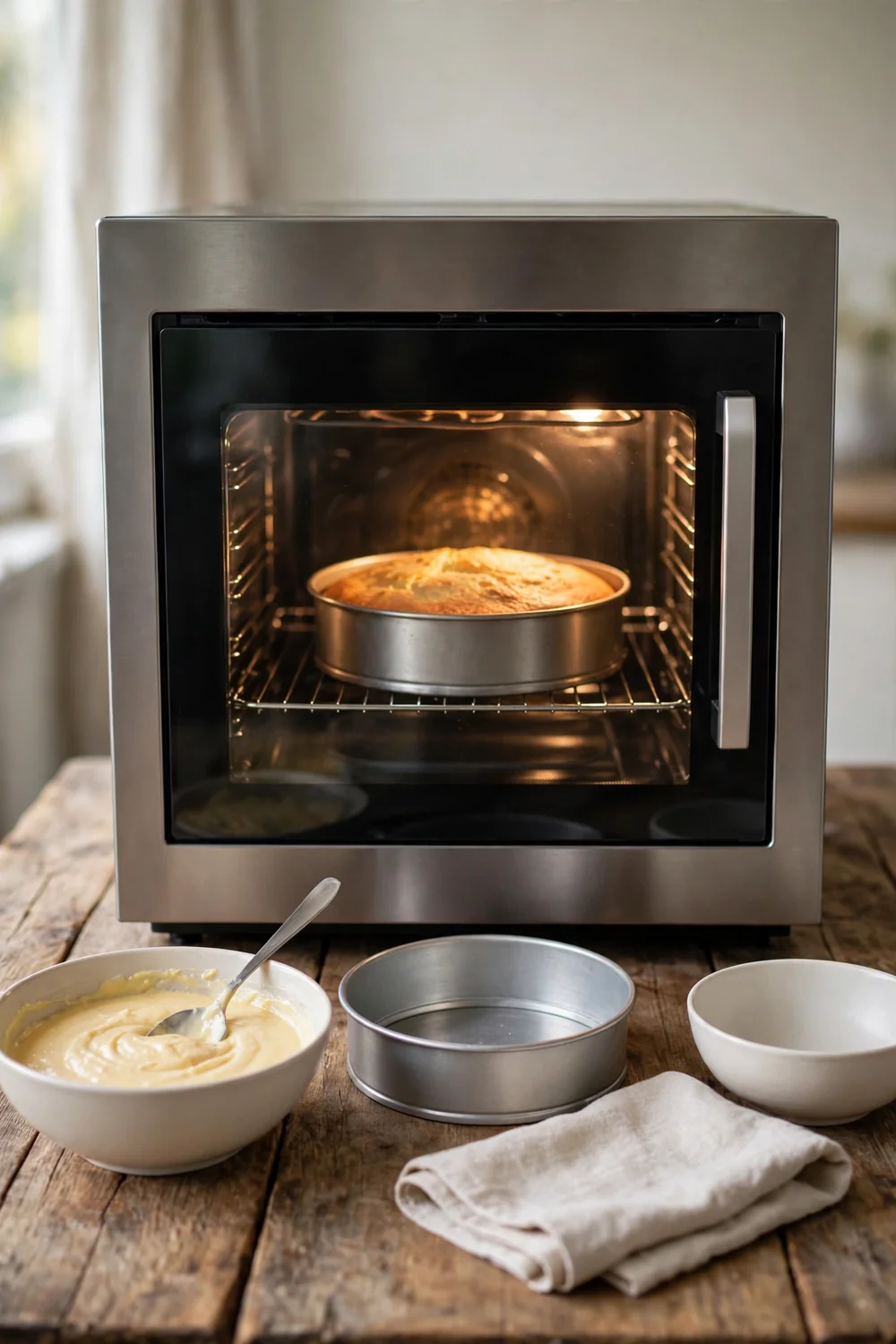 Cake baking in an oven