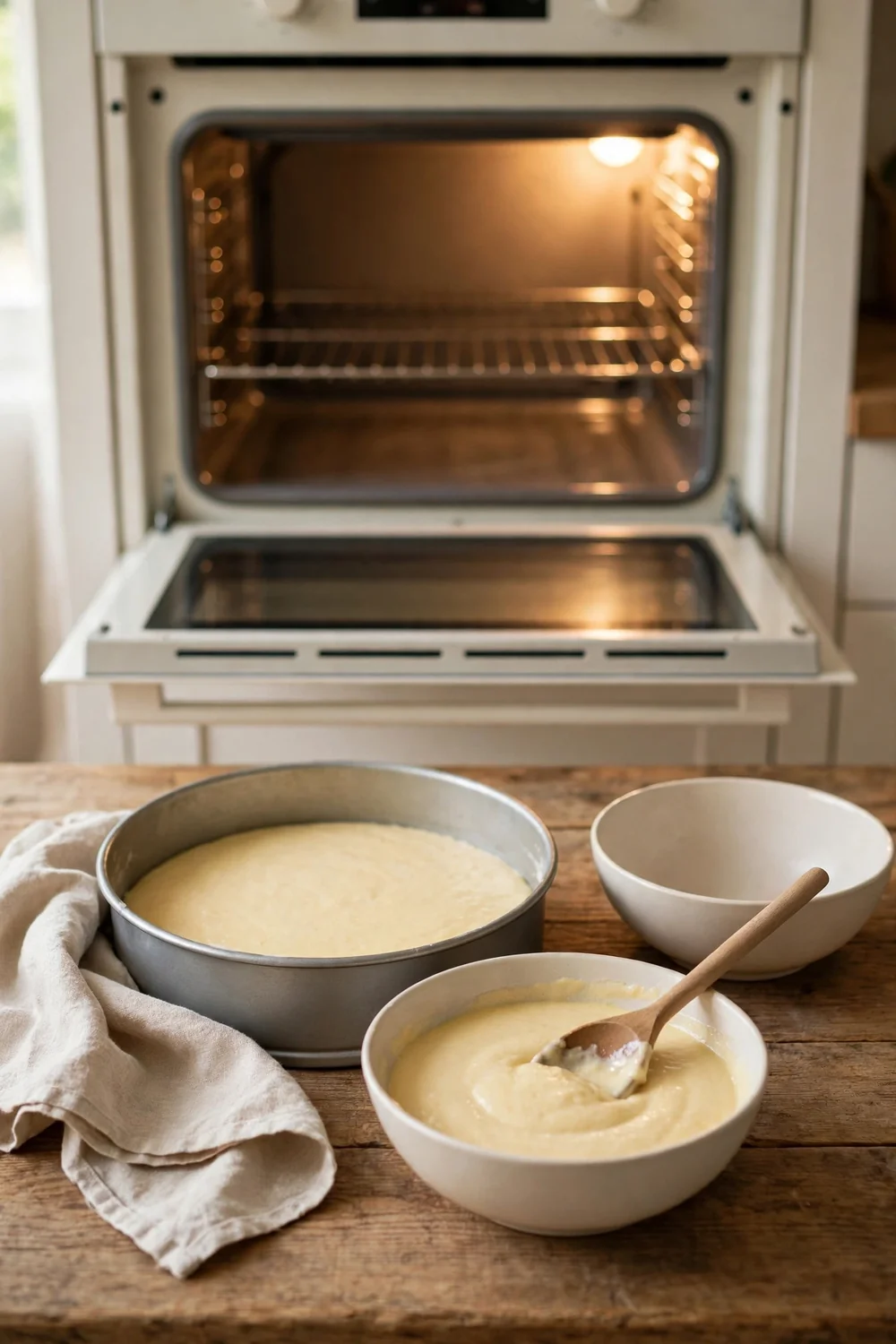Empty oven glowing with cake waiting beside it