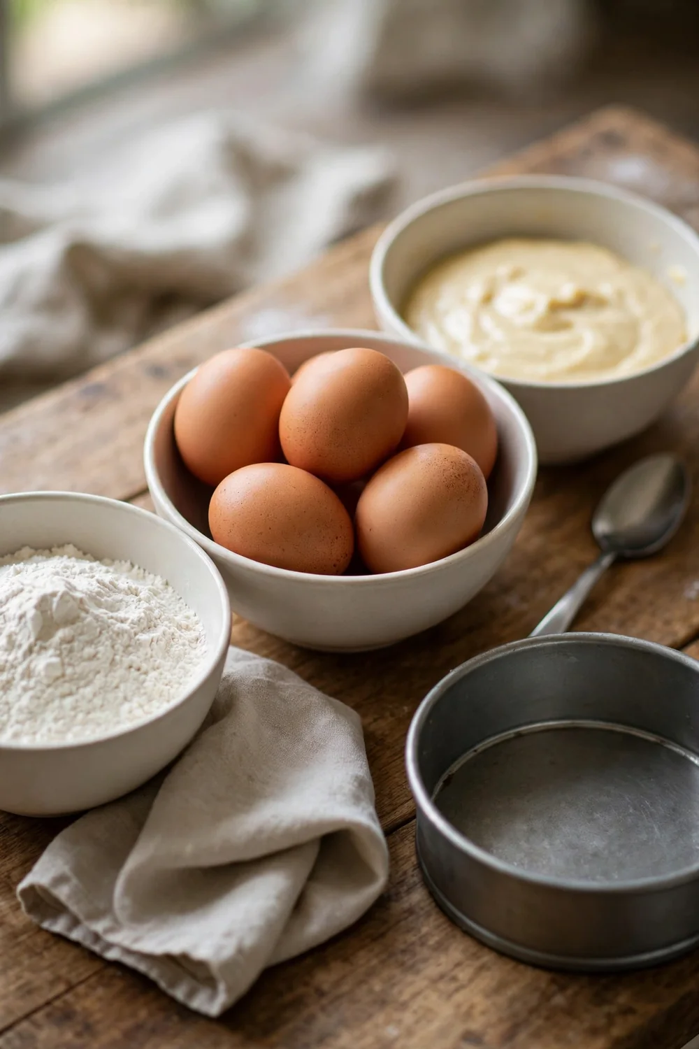 Eggs in a plain bowl beside batter