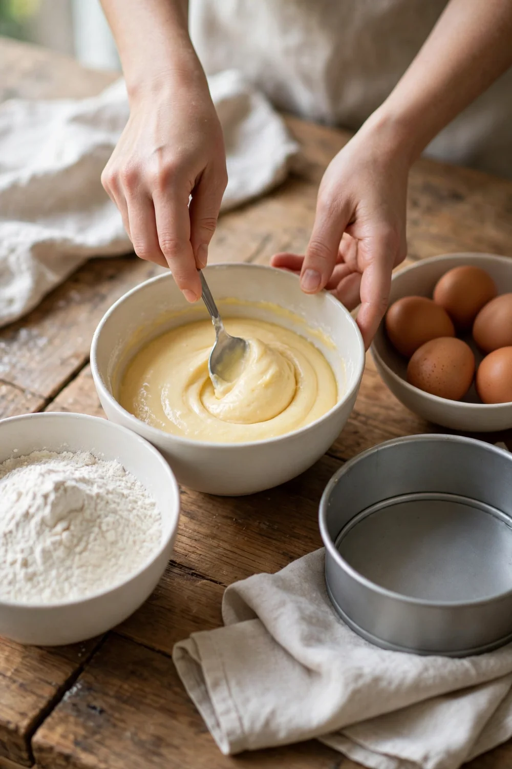 Folding cake batter gently with a spoon
