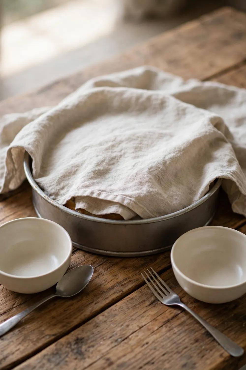 Cake cooling in a pan covered with a towel