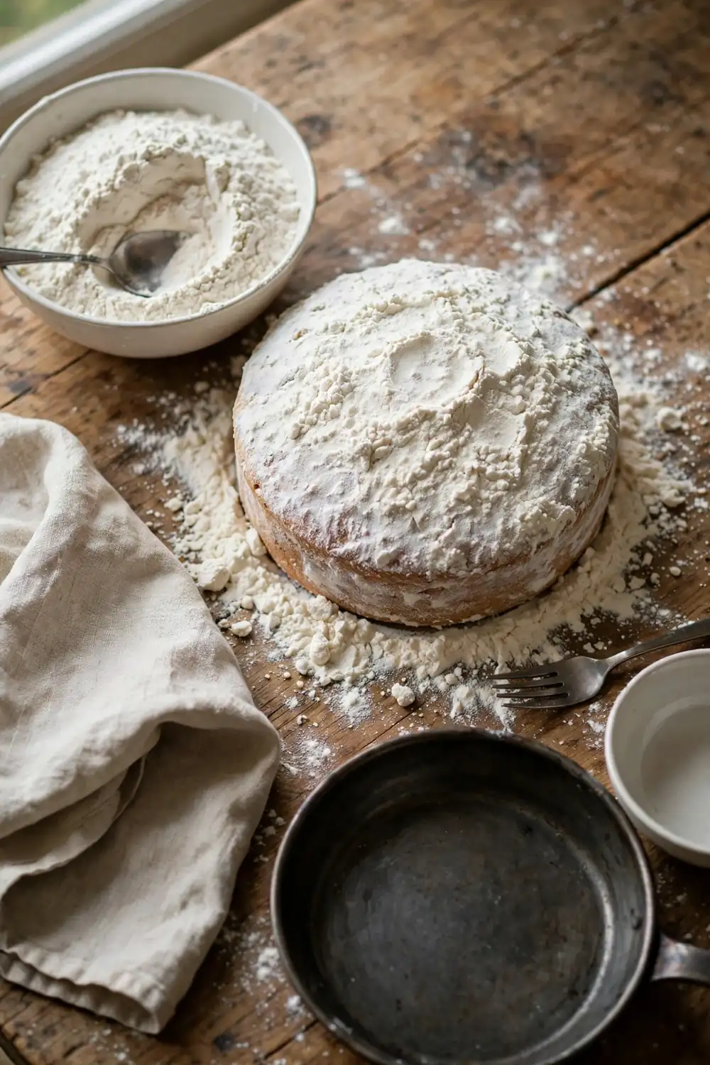 Cake with too much flour beside a bowl of flour